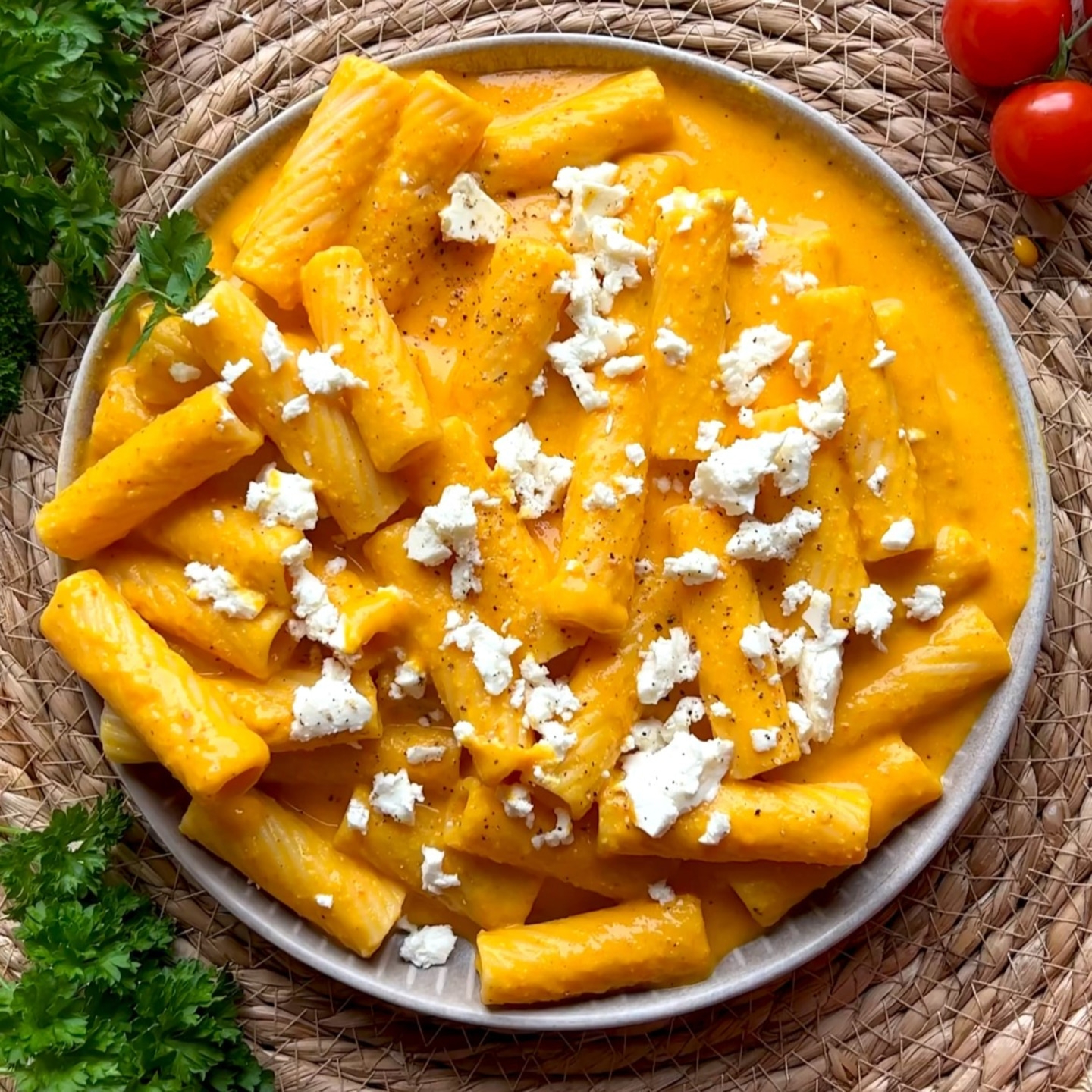 Pasta with cheese and sauce served on a plate, close-up shot.