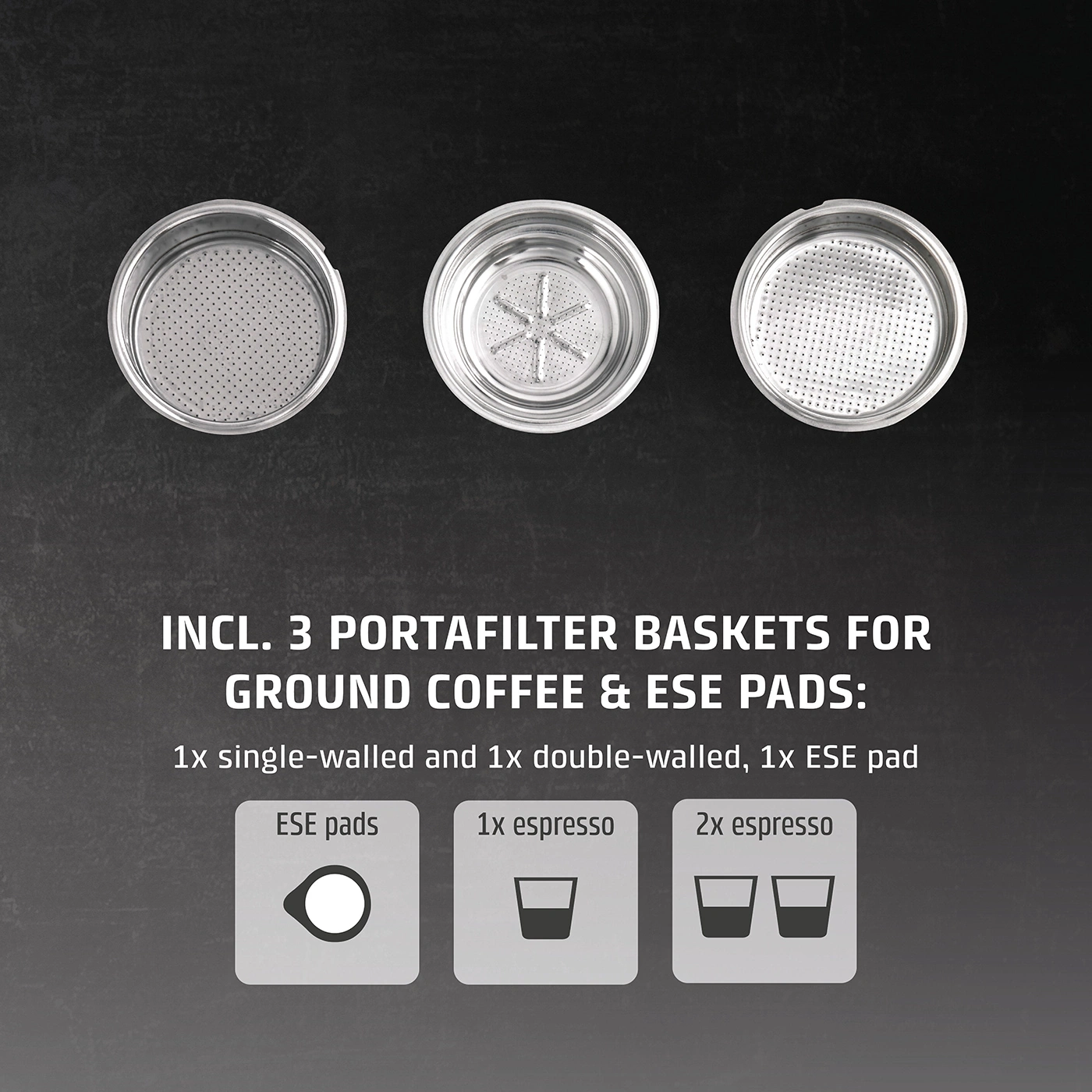 Coffee sieves for ground coffee and E.S.E. pads: 1x, 2x espresso, E.S.E. pads