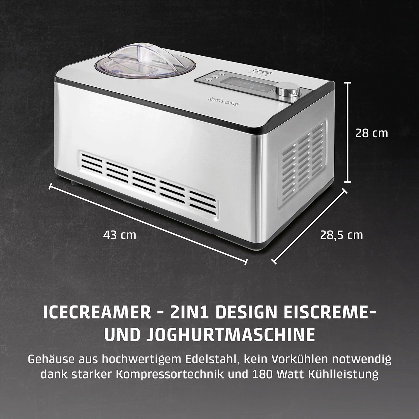 Eismaschine, 2in1 Design, Edelstahl, 43x28x28.5cm, 180 Watt, IceCreamer, Joghurtmaschine