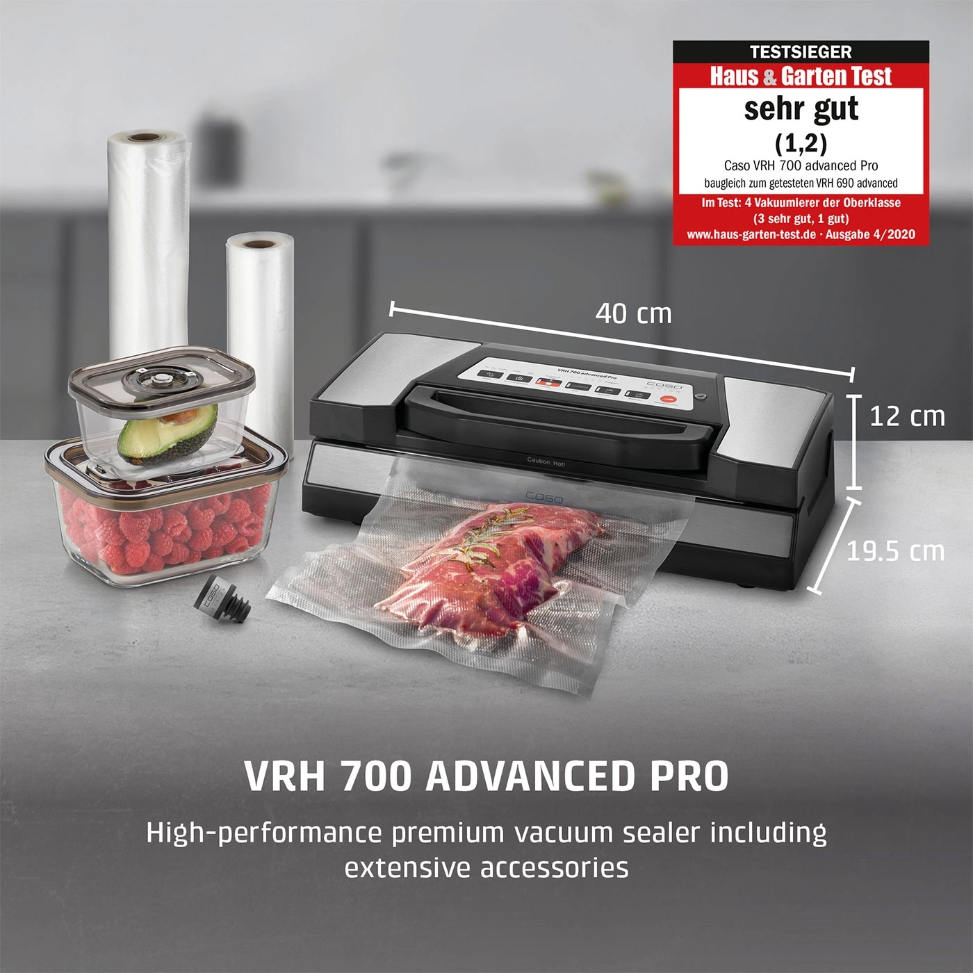 A Caso VRH 700 Advanced Pro vacuum sealer with accessories and dimensions.