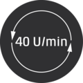 Kreisförmiges Symbol mit Pfeilen und der Aufschrift 40 U/min, das die Geschwindigkeit anzeigt.