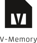 V-Memory Logo, schwarzes Rechteck mit weißem V, darunter V-Memory Schriftzug