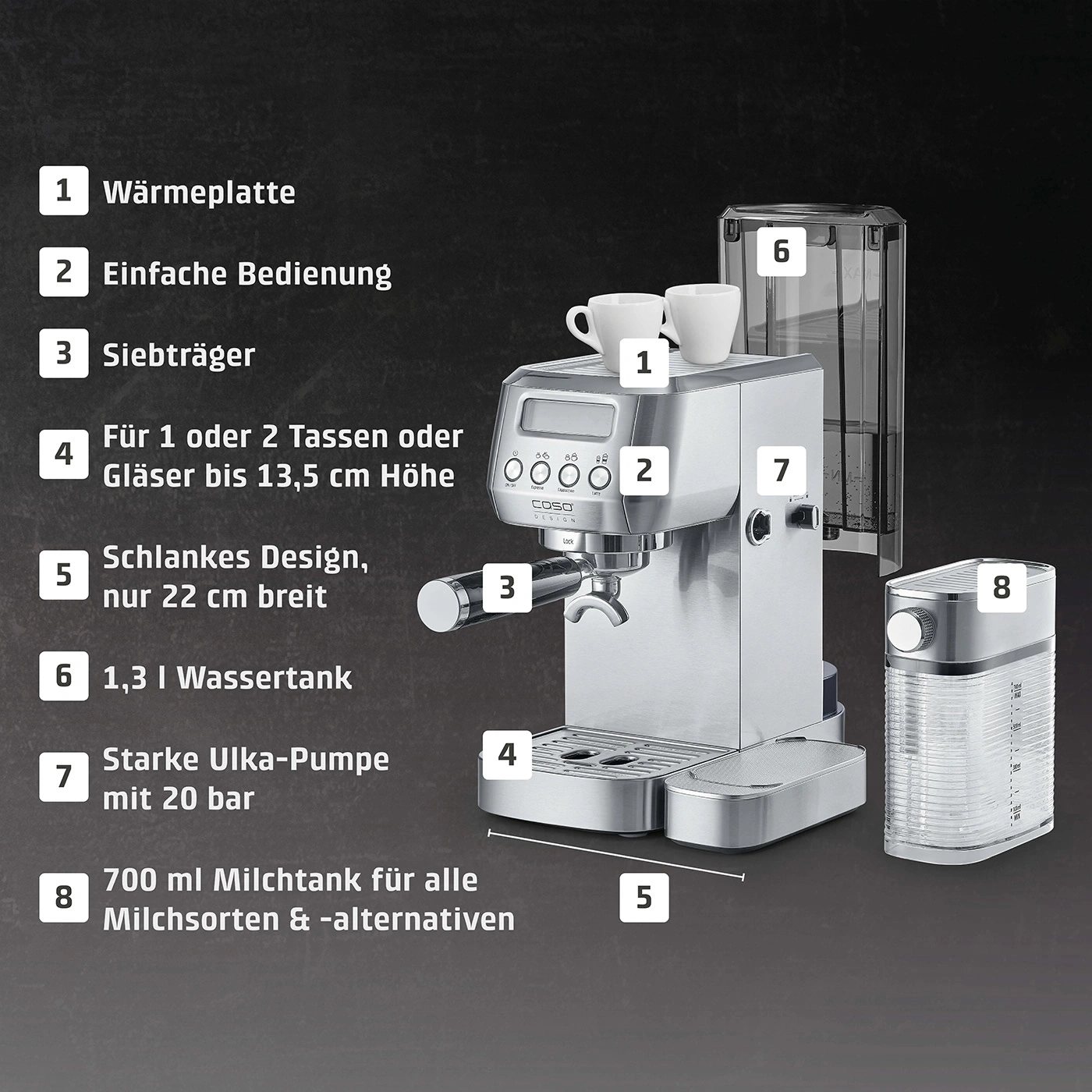 Espressomaschine mit Funktionen: Wärmeplatte, einfache Bedienung, Siebträger, Milchtank.