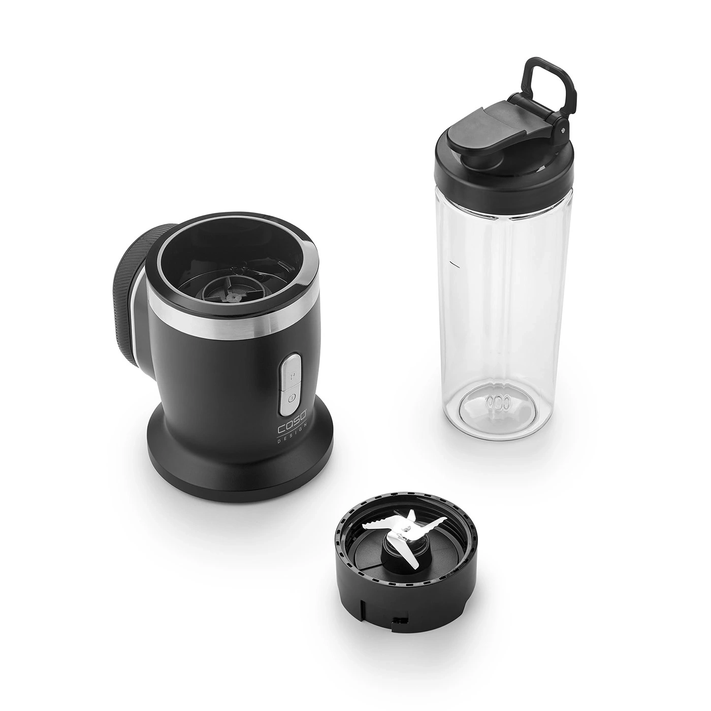 Black blender with accessories on white background, close-up shot.
