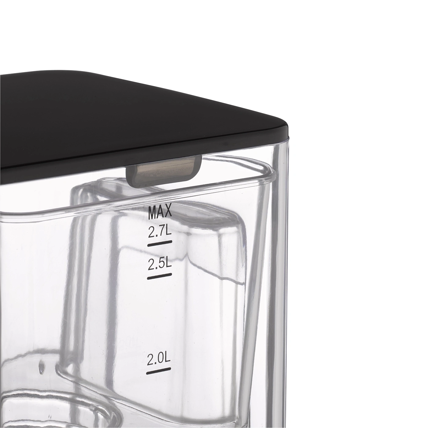 Close-up of a transparent water container with measurement markings and a black lid