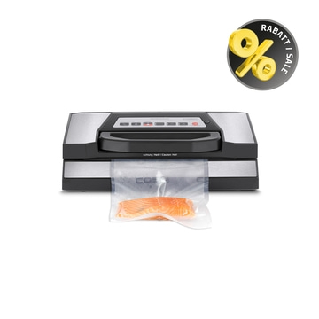 Vakuumiergerät mit Fisch und Rabatt-Sale-Zeichen. Lebensmittelverpackung.