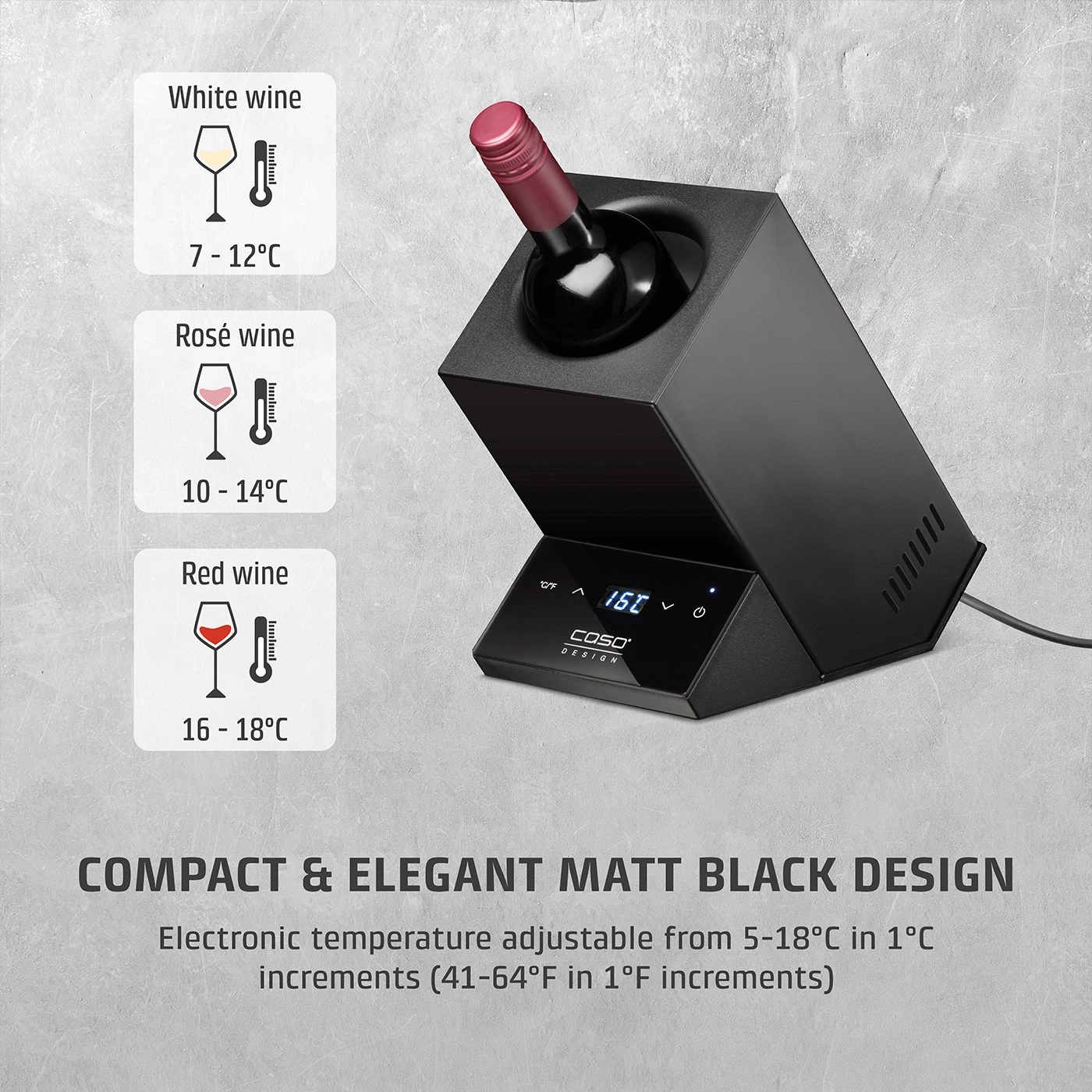 Wine cooler with temperature display for white, rosé, and red wine in an elegant design.