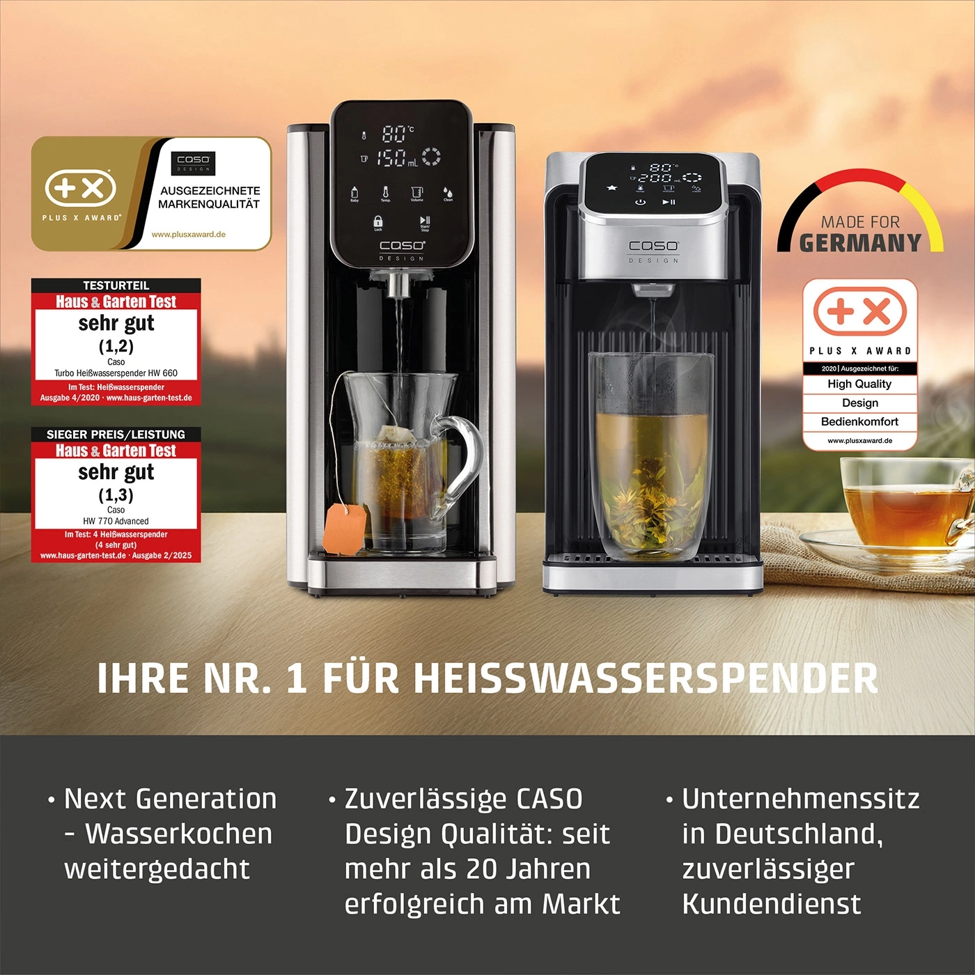 Zwei CASO Heißwasser-Spender mit Tassen Tee, Auszeichnungen und Text.