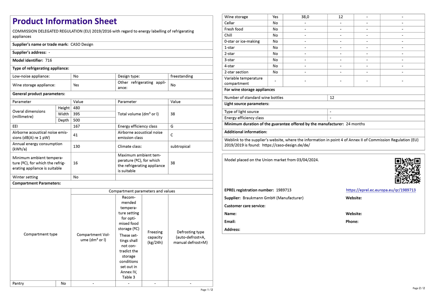Product data sheet with technical specifications for a refrigerator from CASO Design.