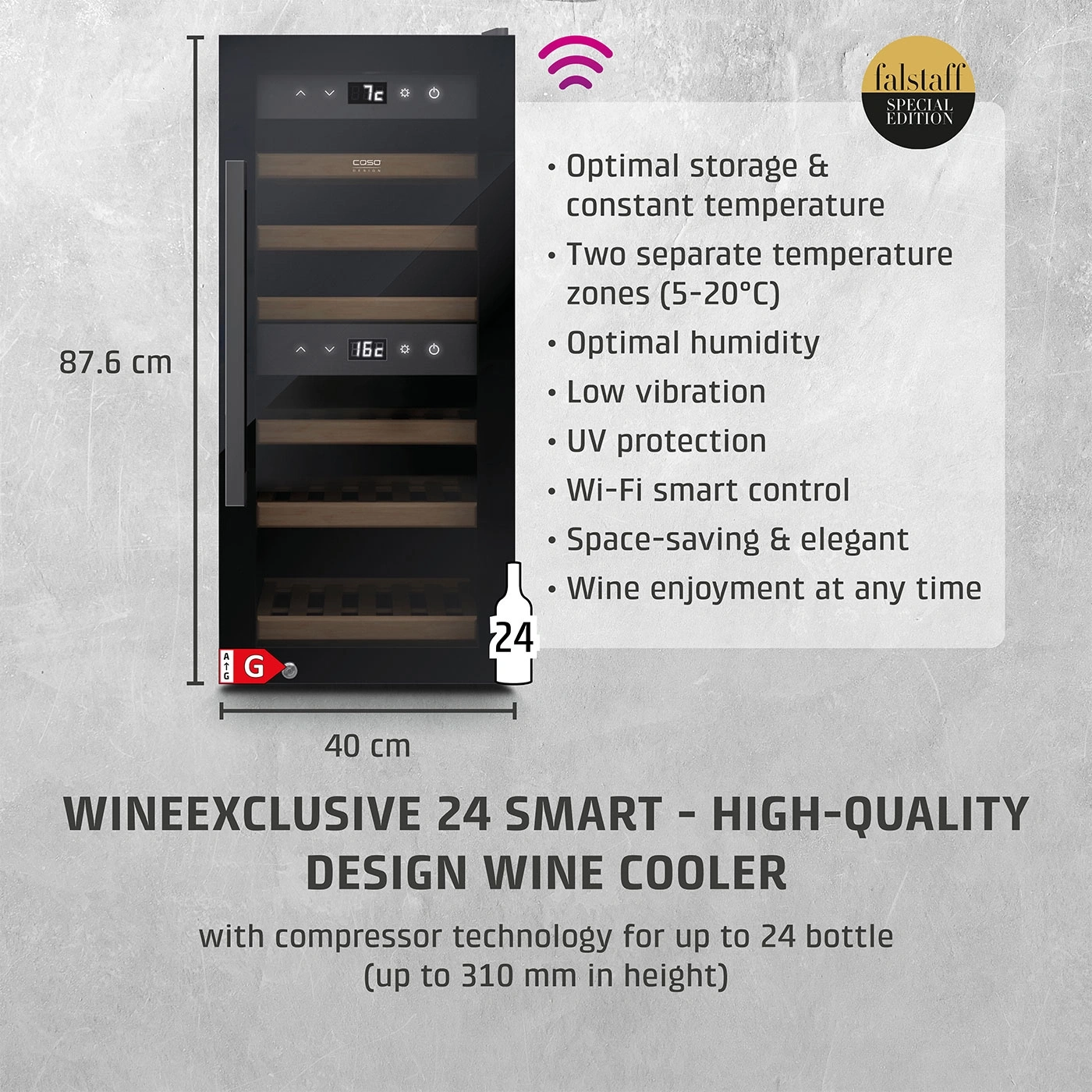 Wine cooler, 24 bottles, 87.6 cm high, 40 cm wide, Wi-Fi Smart Control