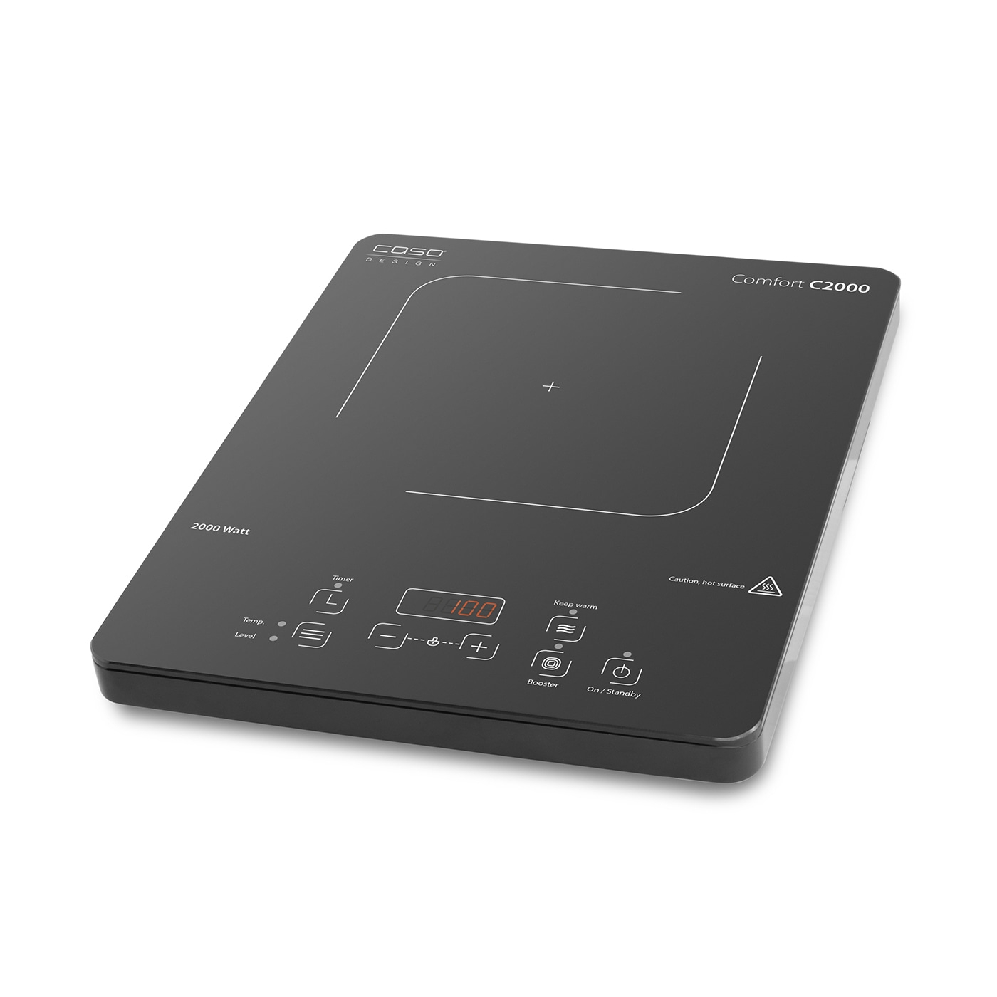 Caso Comfort C2000 induction cooktop, 2000 watts, black, with temperature display and timer.