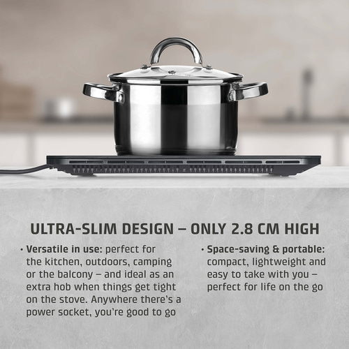 Cooktop with pot, flexible, space-saving, mobile, 2.8 cm high, kitchen, outdoor, camping, balcony