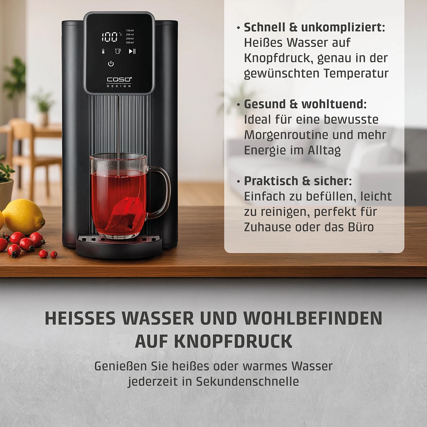 Heißwasserspender mit Text: Heißes Wasser auf Knopfdruck, ideal für Büro und Zuhause.