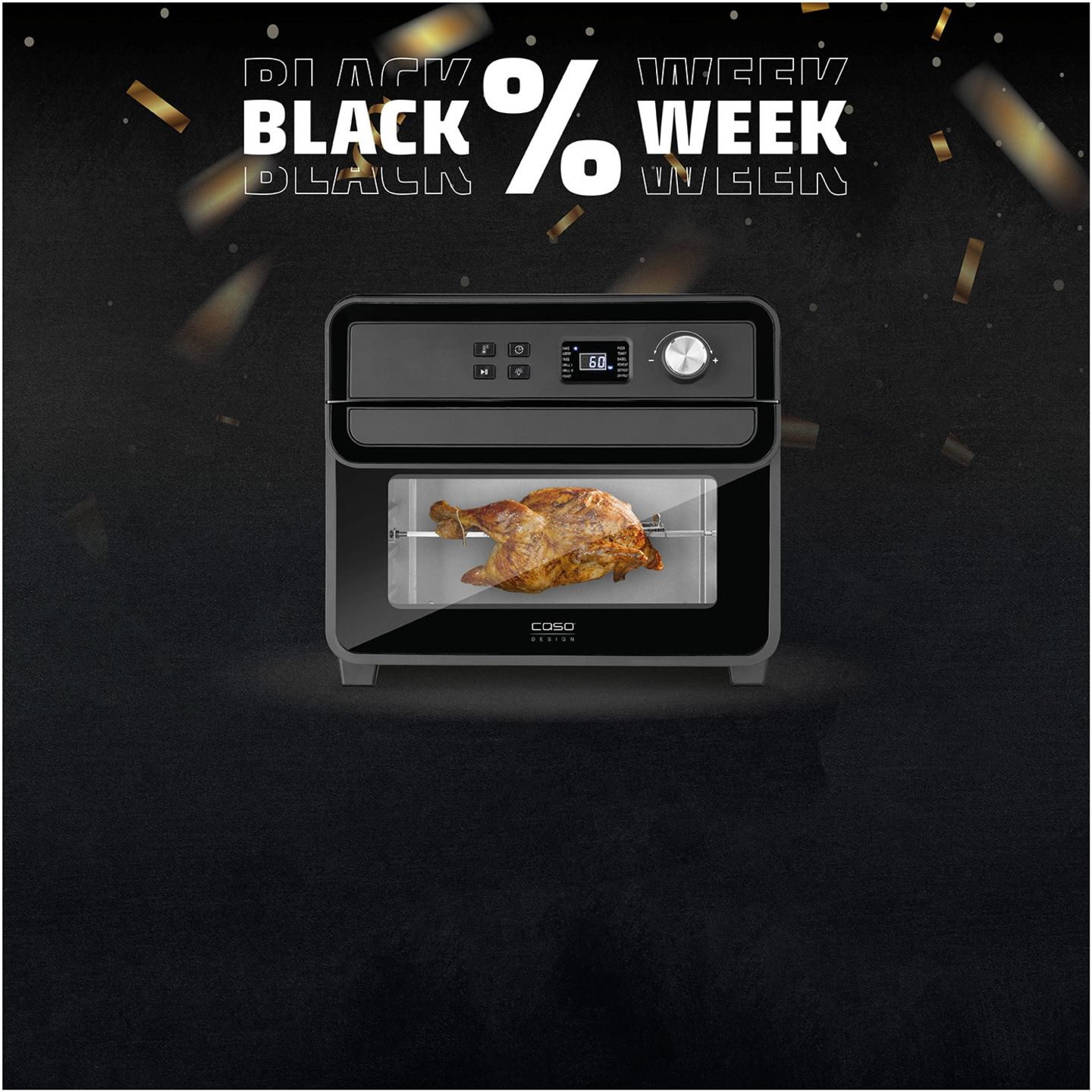Schwarze Woche Angebot mit Ofen und gebratenem Huhn, Rabatt-Aktion