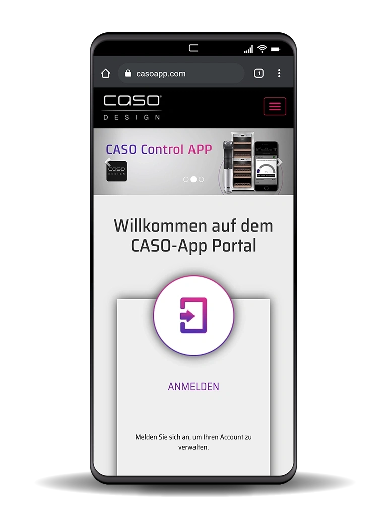 CASO-App Portal mit Anmeldebutton und Text. Willkommen auf dem CASO-App Portal.