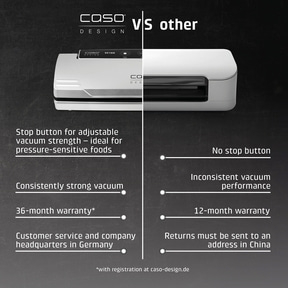 Comparison of Caso vacuum sealer with others: stop button, warranty, customer service, returns.