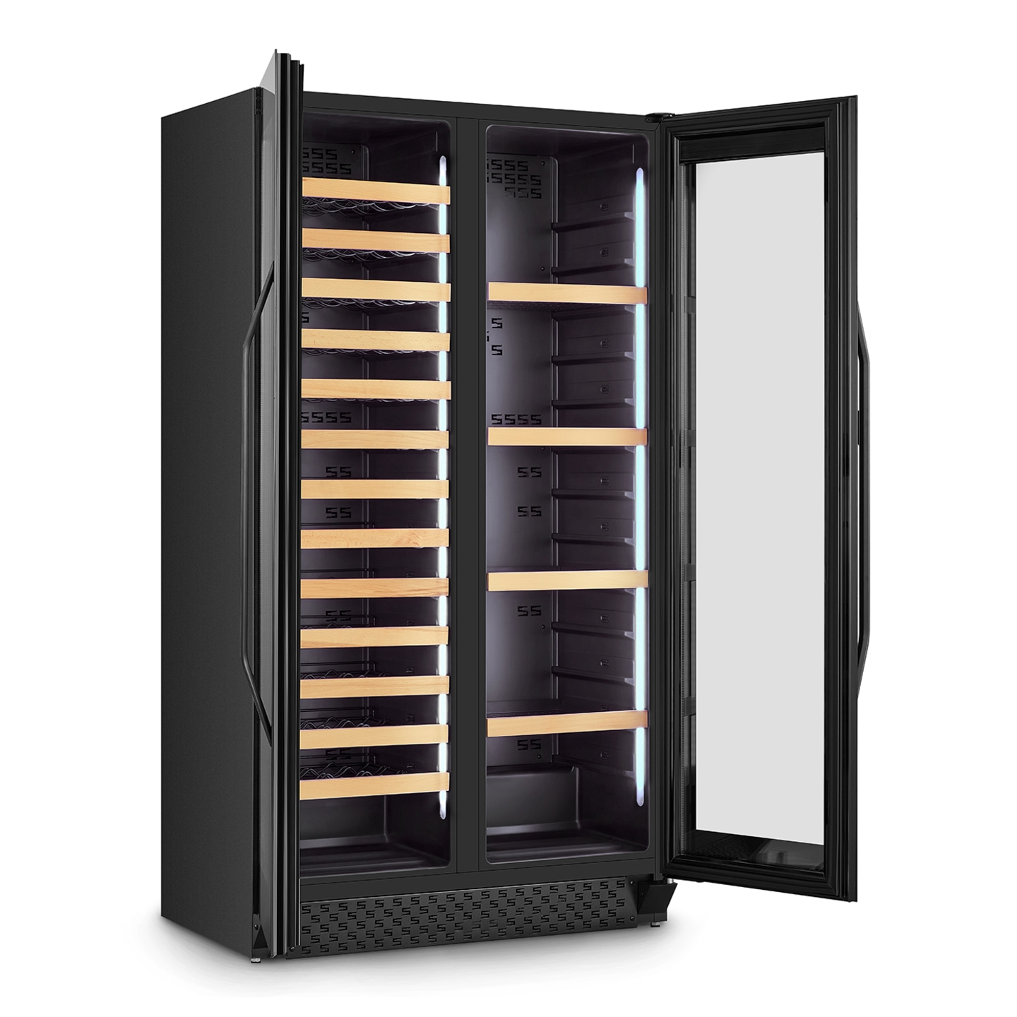 Black wine cooler with wooden shelves and glass door, open.