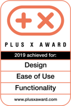 Plus X Award 2019 for Design, Ease of Use, and Functionality. Award badge.