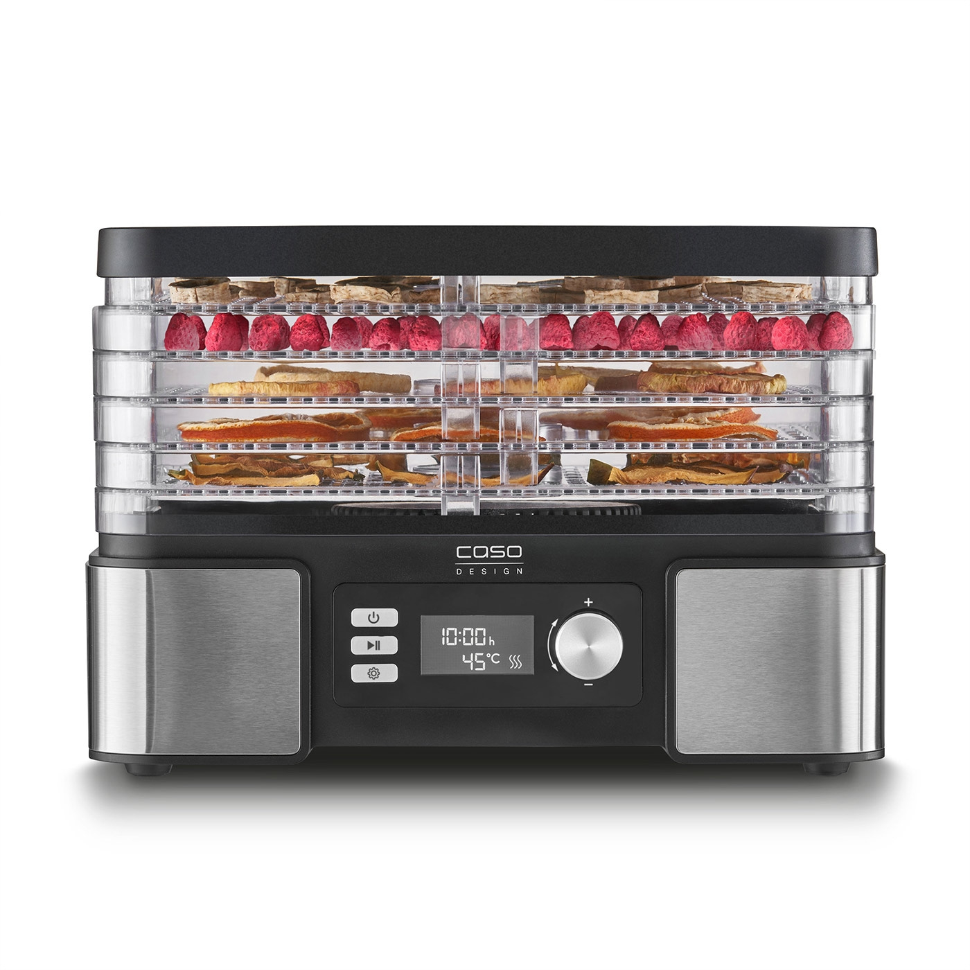 Food dehydrator with fruits and vegetables, black and silver design