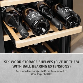 Wine cooler with wooden shelves and wine bottles, text about the shelves.