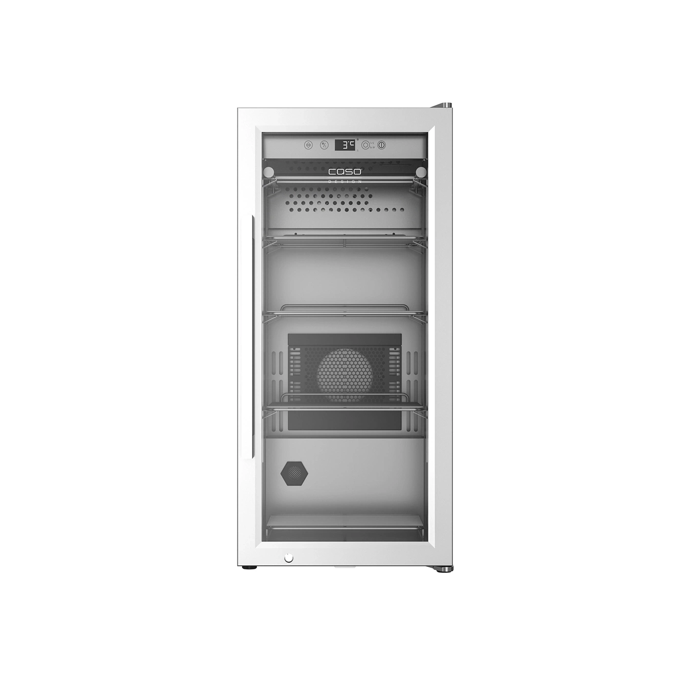 Weißer Kühlschrank mit Glastür und Temperaturanzeige, Caso Design