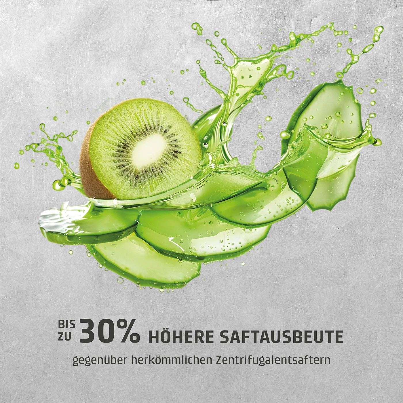 Kiwi und Gurke mit Saftspritzern und Text "Bis zu 30% höhere Saftausbeute"