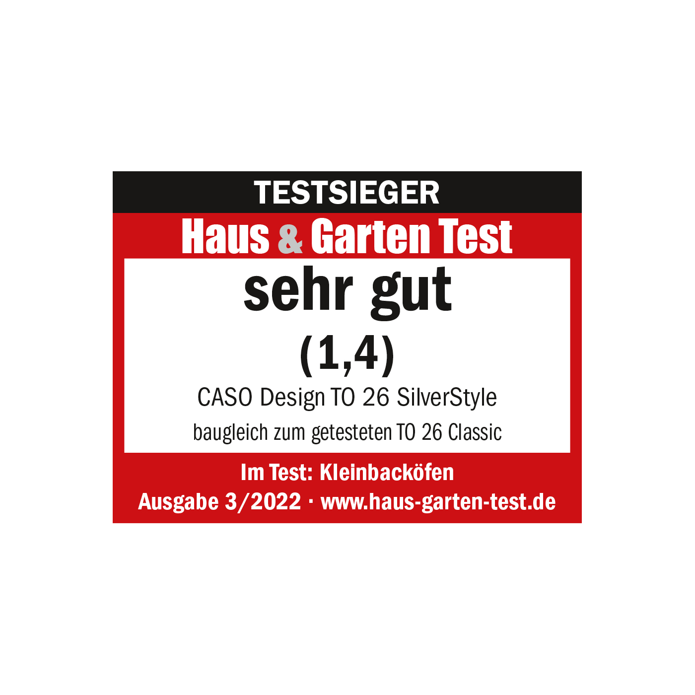 Testsieger Haus & Garten Test, sehr gut (1,4), CASO Design TO 26 SilverStyle, Ausgabe 3/2022