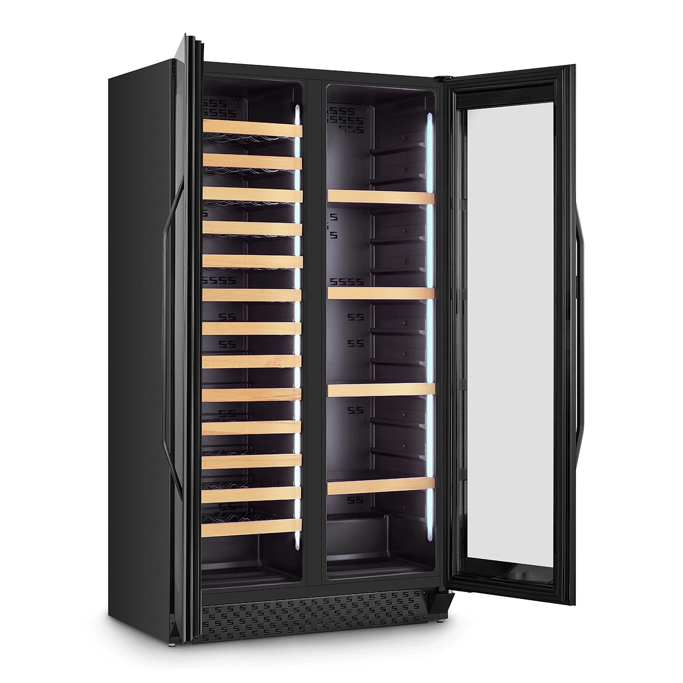 Black wine cooler with wooden shelves and glass door, open.