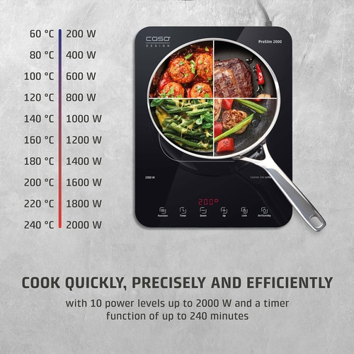 Induction cooktop with temperature display and cooking functions, 2000W, timer, cook fast and efficiently.