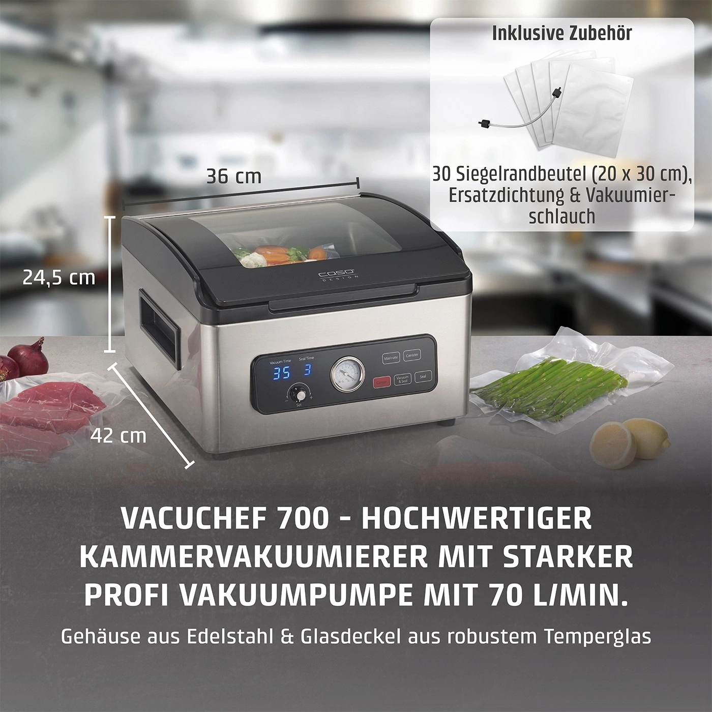 Vakuumierer mit Zubehör, Abmessungen, Text, Gemüse, Edelstahlgehäuse und Glasdeckel.