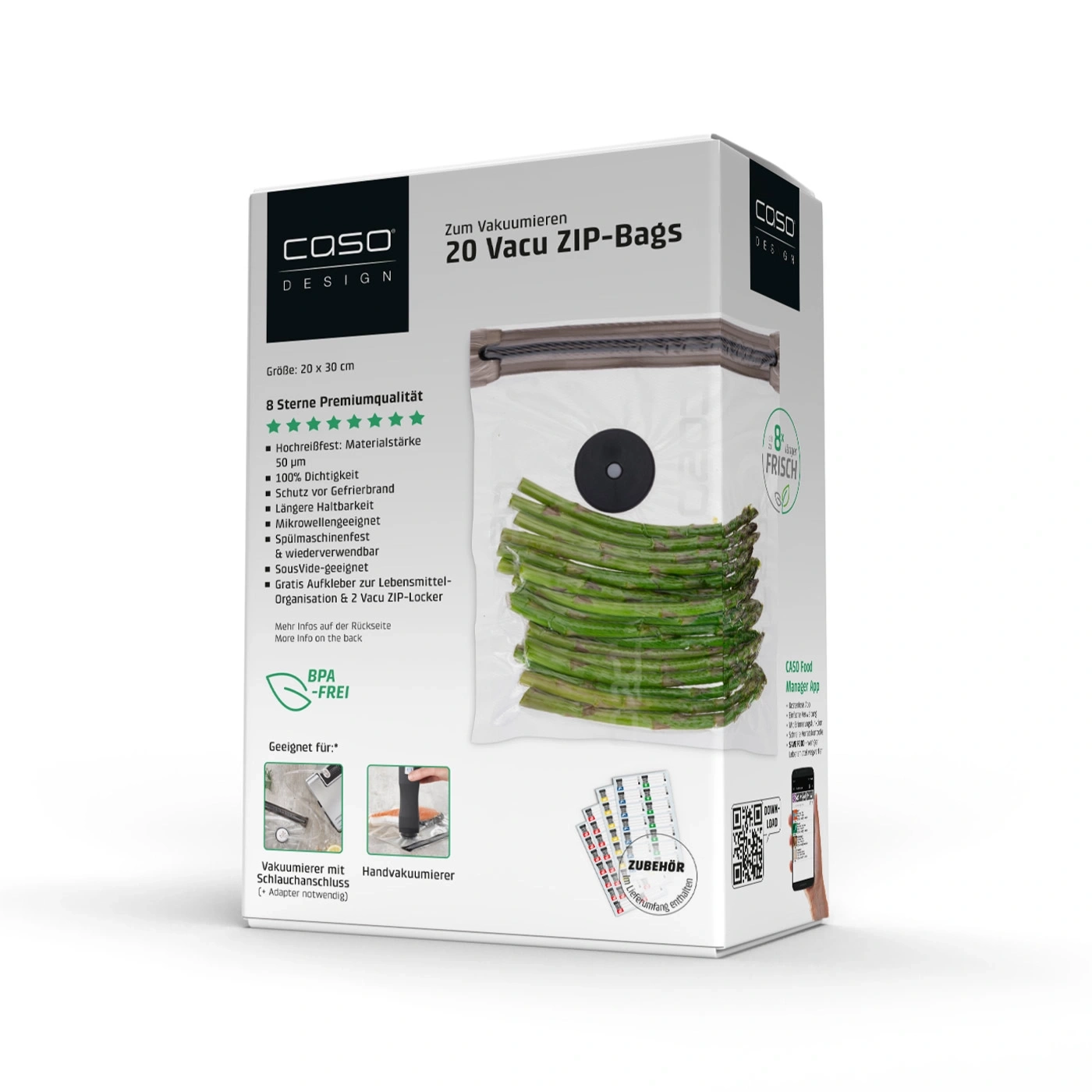 COSO Design vacuum bags, 20 Vacu ZIP-Bags, 20x30cm, BPA-free, for vacuum sealers