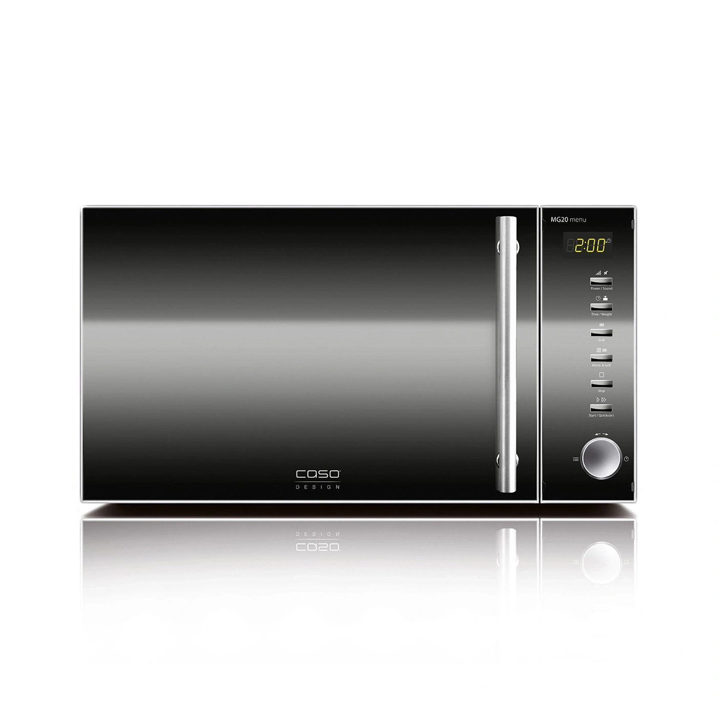 Microwave with control panel and 2:00 display, Caso Design brand.