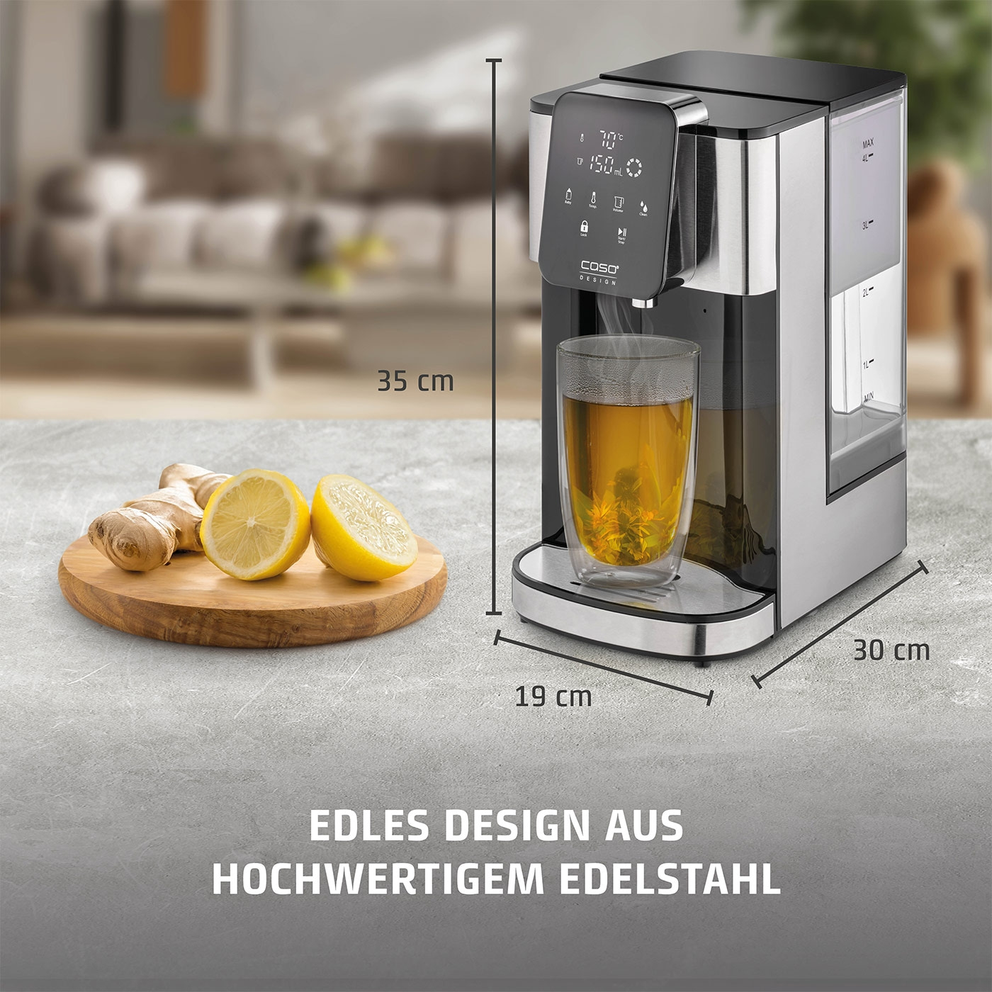 Teemaschine mit Zitrone und Ingwer, 35 cm hoch, 19 cm breit, 30 cm tief, Edelstahl