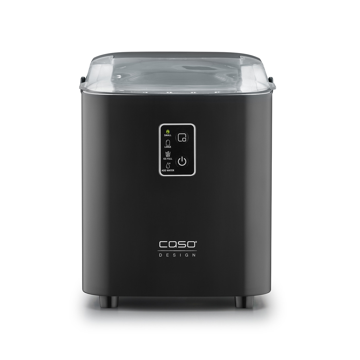 Black ice maker with transparent lid and control panel