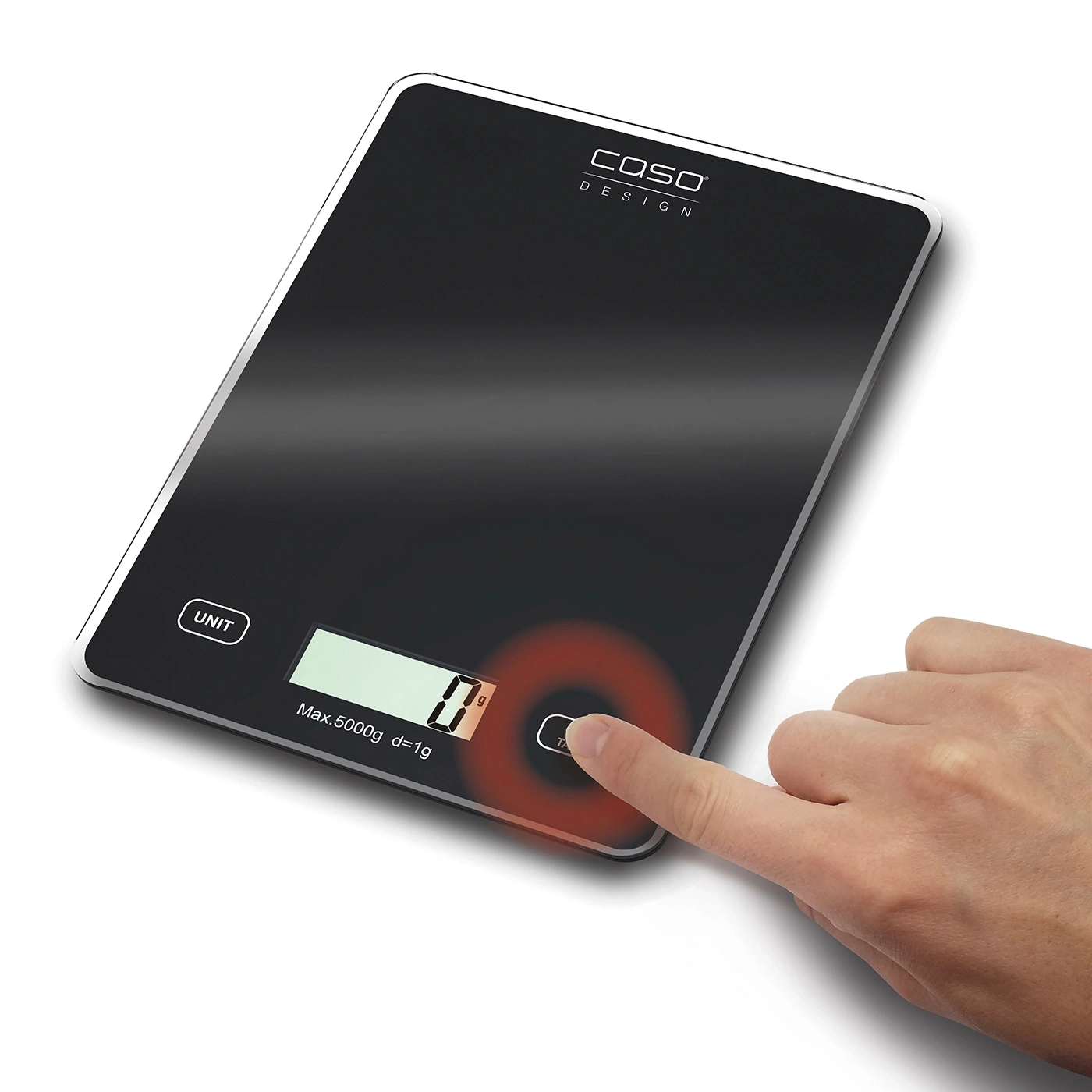 Digitale Küchenwaage mit Touch-Bedienung und Anzeige von 0g, maximale Kapazität 5000g.