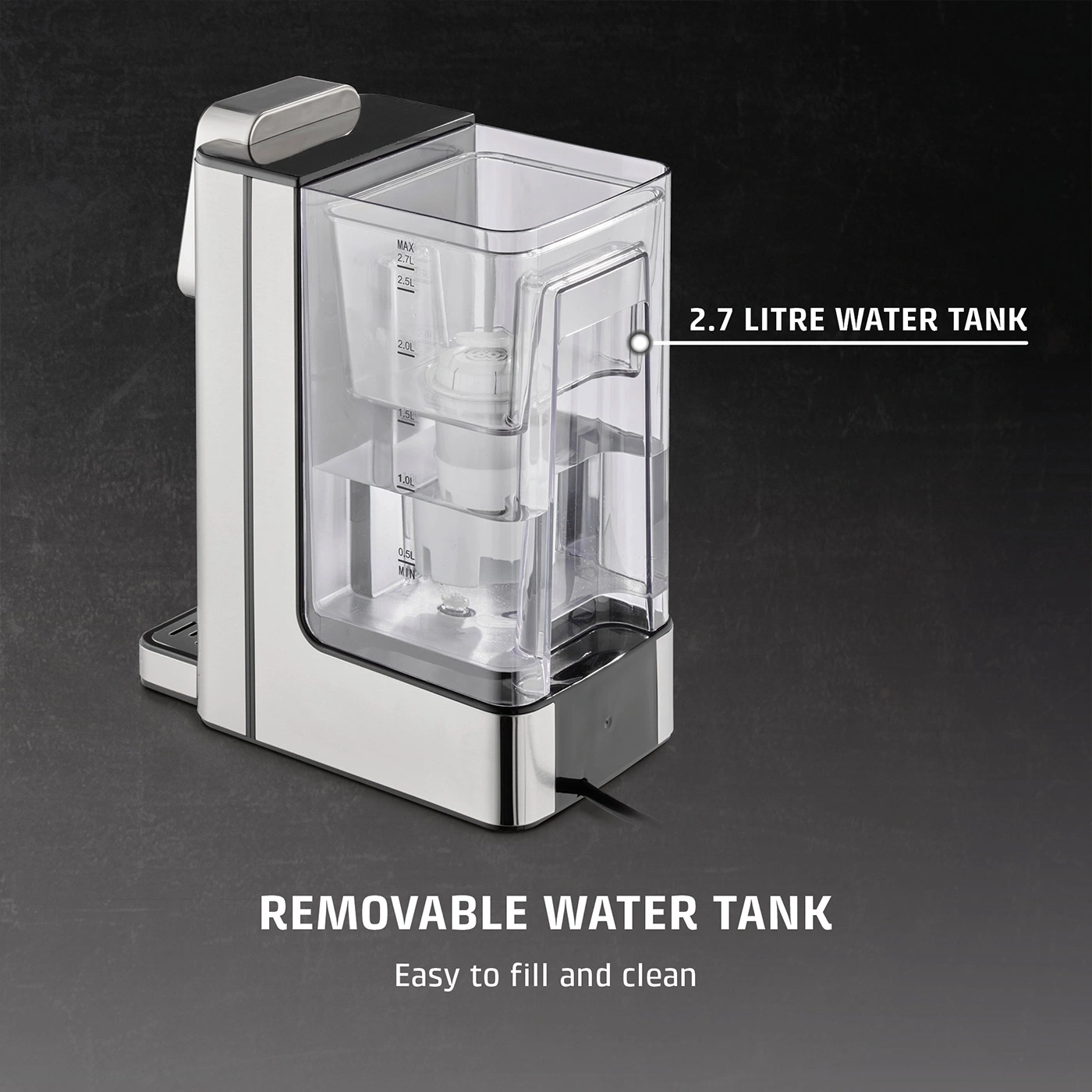 Coffee machine with removable 2.7-liter water tank