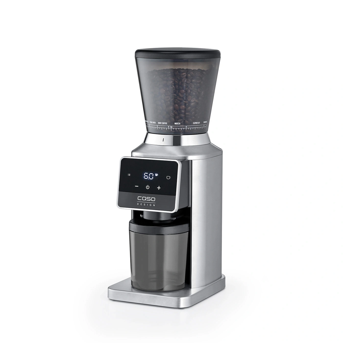 Eine silberne Kaffeemühle mit schwarzem Behälter und digitaler Anzeige.