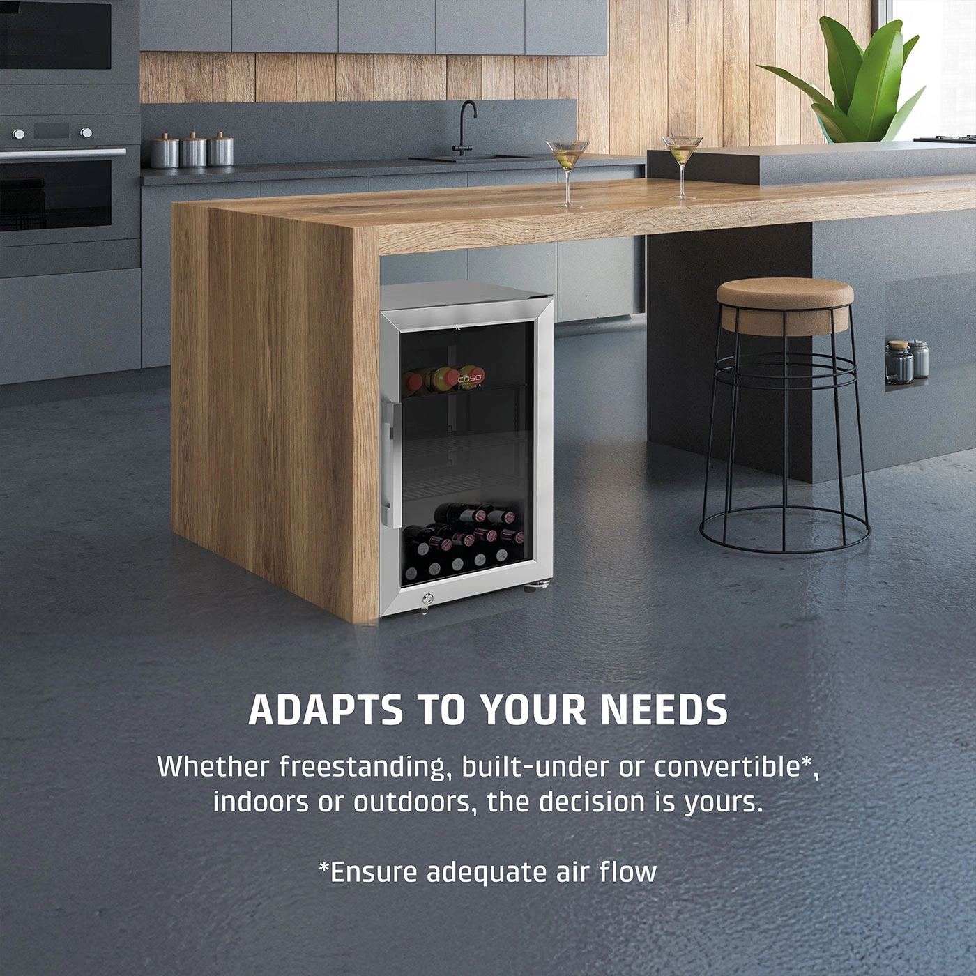 Wine cooler in kitchen, flexible use, freestanding or built-in installation.