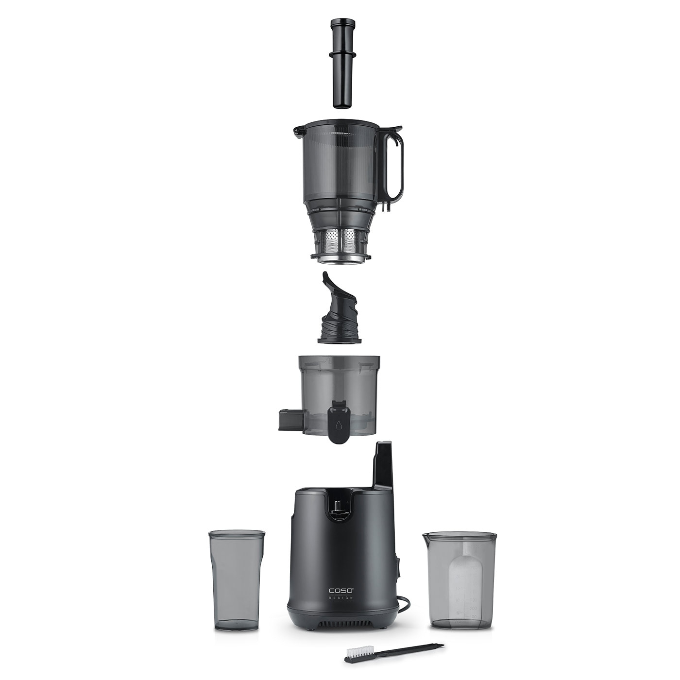 Disassembled juicer with accessories, black, Caso Design, isolated on white background