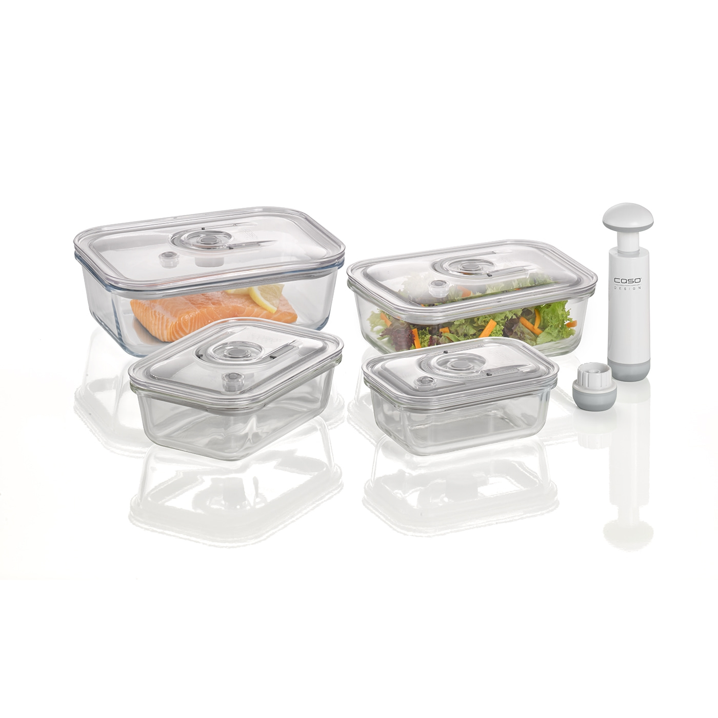 Vacuum container set with food and pump on a white background