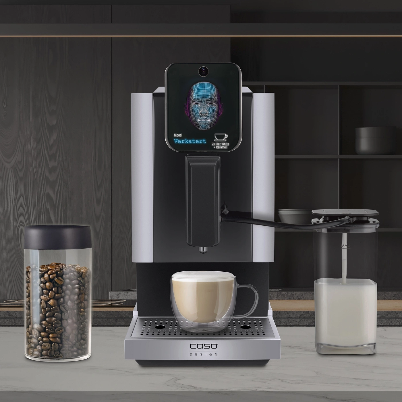 MoodBarista 3000 steht auf einer Küchenfläche mit dunklem Holz Hintergrund. Links liegt ein umgekipptes Glas und rechts eine Krawatte. Überall liegt Konfetti. Die MoodBarista zeigt den Status "Verkatert" an