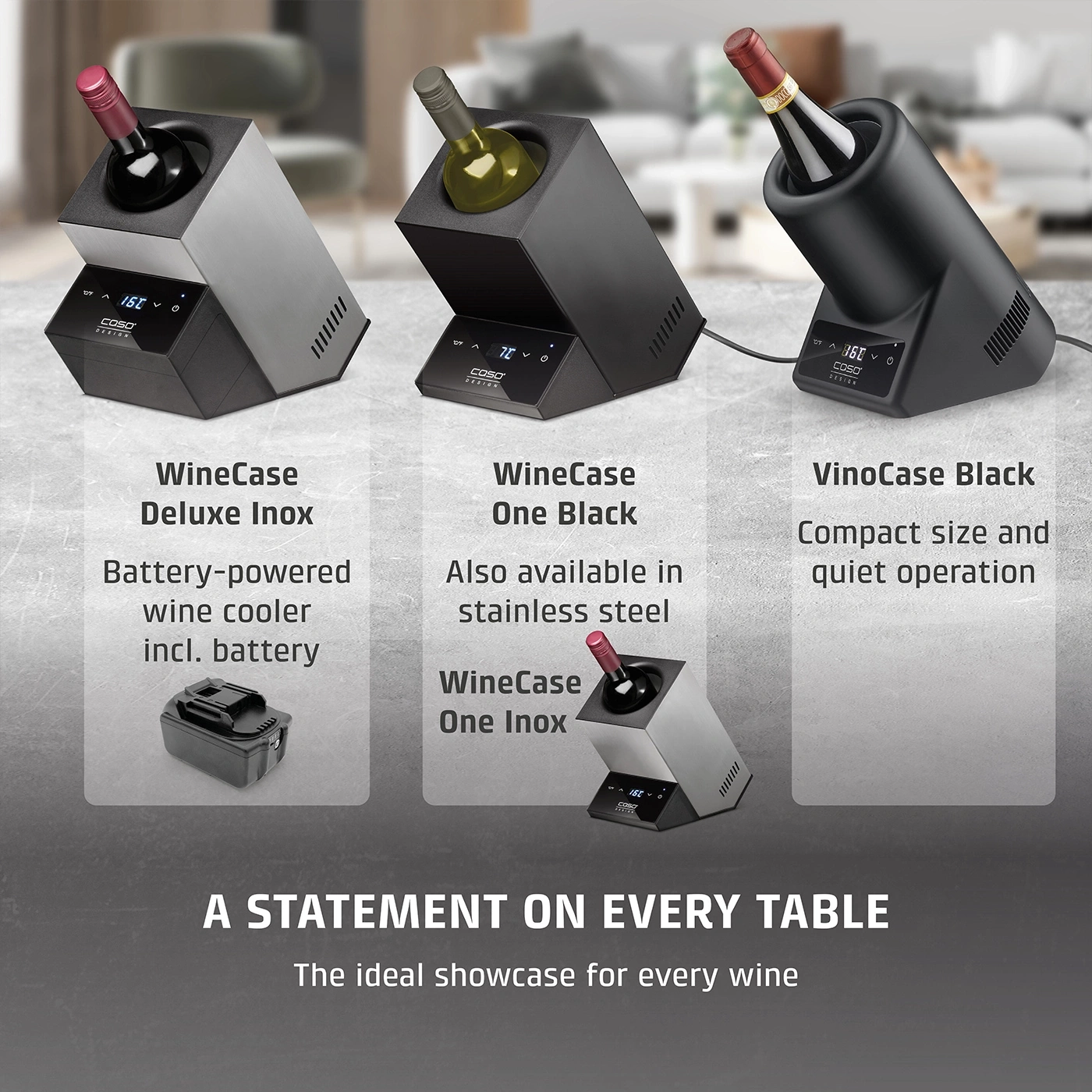 Wine cooler display: WineCase, VinoCase, stainless steel, battery, temperature display, table