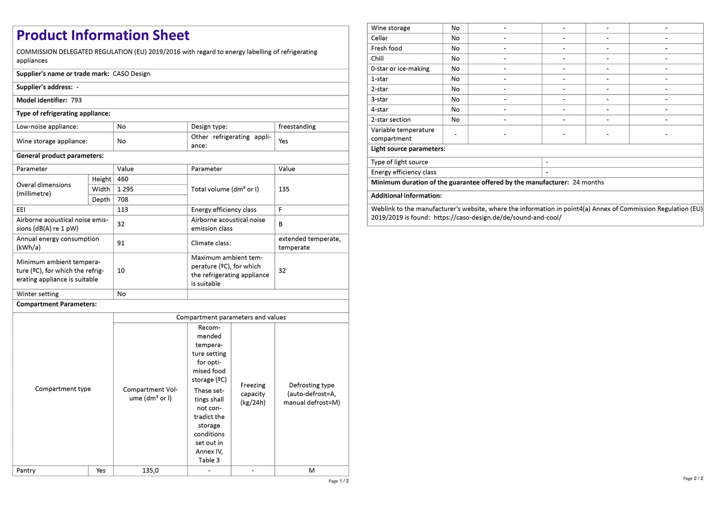 Product data sheet with technical specifications for a refrigerator, including energy efficiency details.