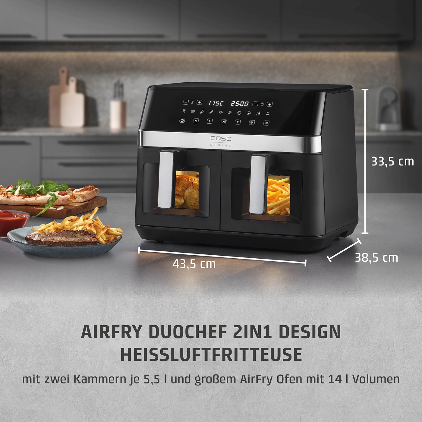 Airfryer mit zwei Kammern, 43,5 cm breit, 33,5 cm hoch, 38,5 cm tief, 14 I Volumen