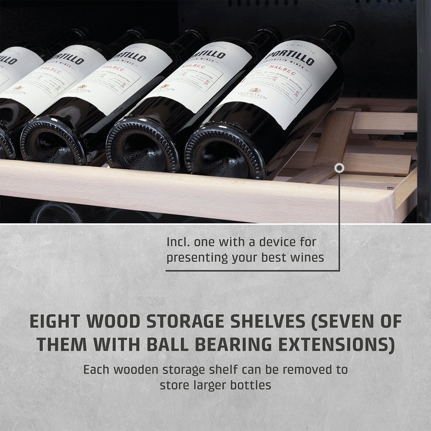 Wine cooler with wooden shelves and wine bottles, presentation of wines, storage