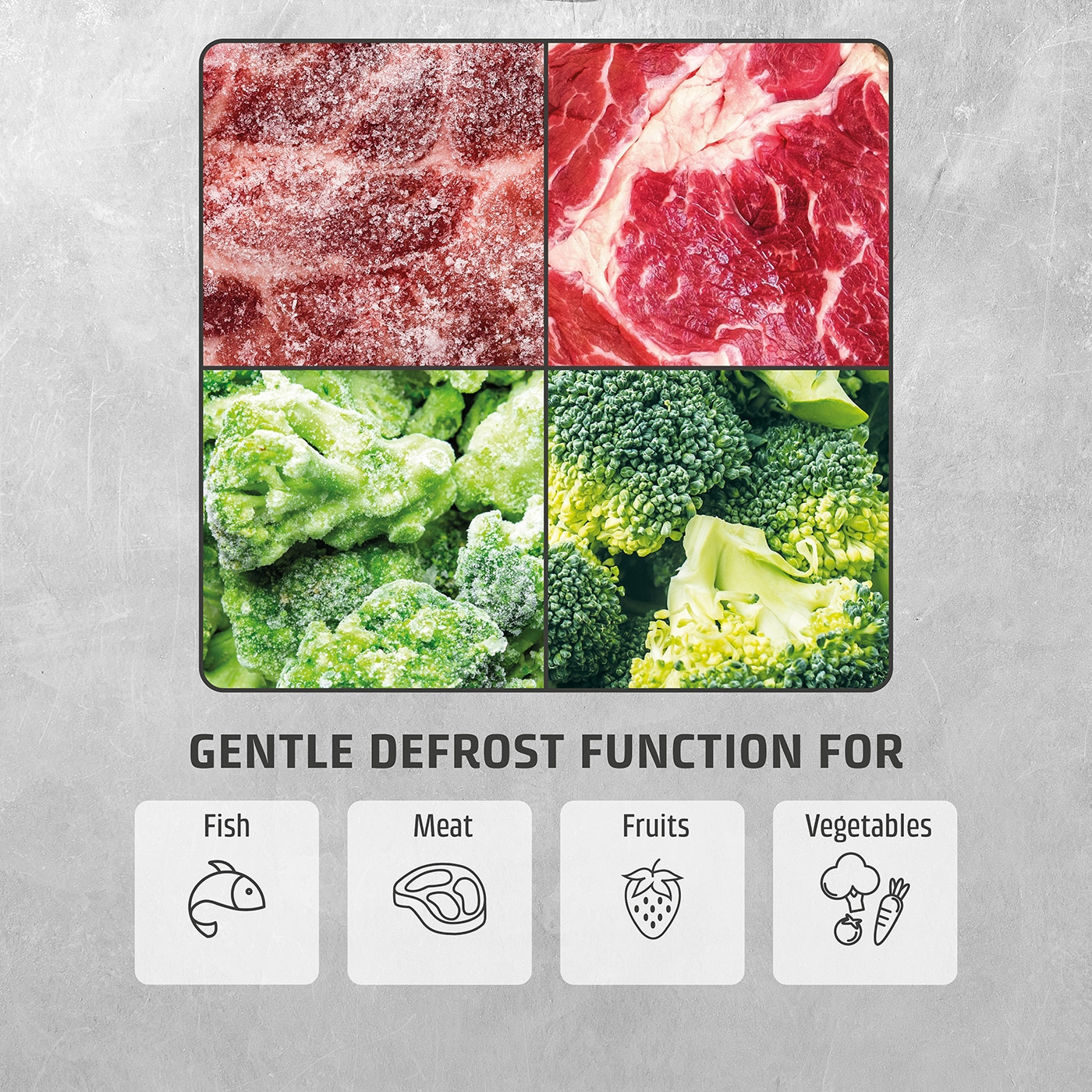 Frozen food: meat, fish, fruit and vegetables for defrosting.