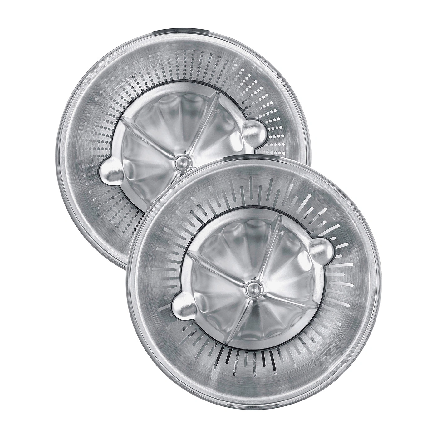 Two silver centrifuges with metal surface and perforated pattern