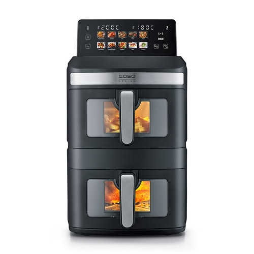 Black double-chamber air fryer with digital display and cooking presets