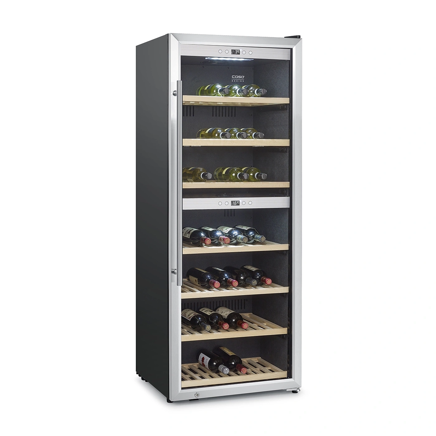 A modern wine cooler with a glass door and wooden shelves, filled with wine bottles.