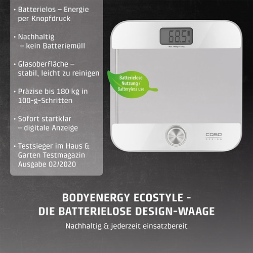 Weiße Design-Waage mit digitaler Anzeige und Blatt-Symbol "Batterielose Nutzung"